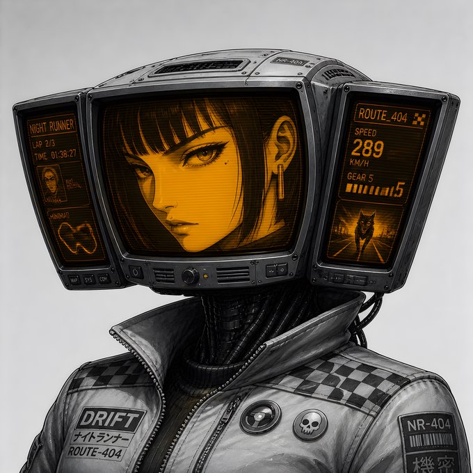 A cyberpunk racer’s portrait is displayed across three retro monitor panels, with the center showing a helmeted woman and the side screens showing “ROUTE_404,” speed “289 KM/H,” and “GEAR 5.” It’s being used as a profile picture to support Javpixel Art’s “screenz” project.