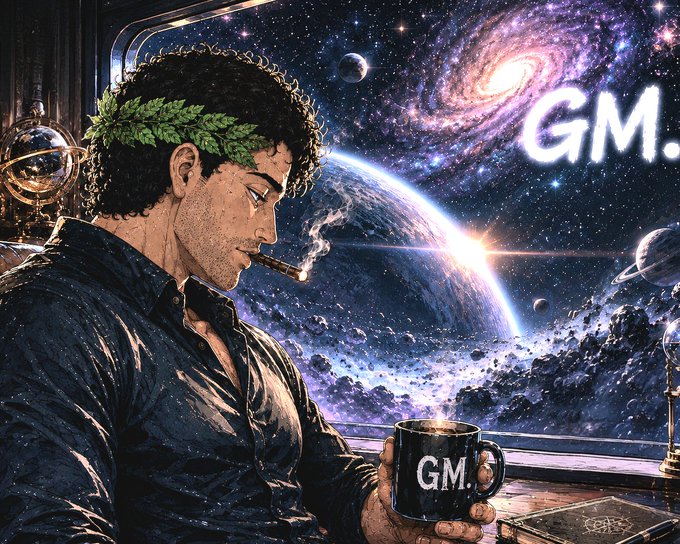 A contemplative man with a laurel wreath and cigar holds a mug labeled "GM" while gazing out a window at a cosmic scene featuring Earth and a swirling galaxy, with "GM" glowing in the stars—evoking a legendary, god-like morning salute fitting the post's call for "GM legends."