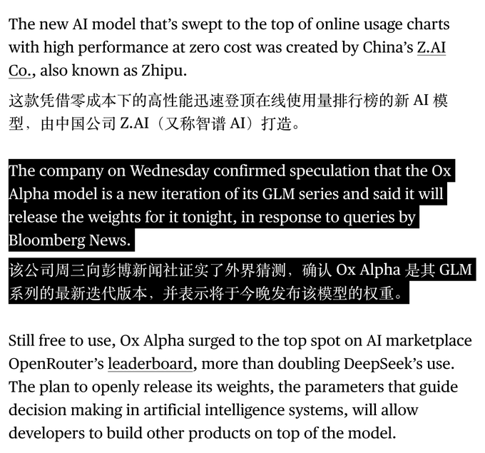 The image shows a Bloomberg article with bilingual (English and Chinese) text reporting that China's Z.AI Co. (also known as Zhipu) created the new AI model "Ox Alpha," a new iteration of its GLM series, and confirmed it will release the model's weights tonight. The article also notes that Ox Alpha, which remains free to use, has surged to the top of OpenRouter's leaderboard, more than doubling DeepSeek's usage. This relates to the accompanying post by confirming Z.AI/Zhipu's ownership of Ox Alpha and the impending release of its weights, addressing concerns about the model's provenance and potential for sudden removal.