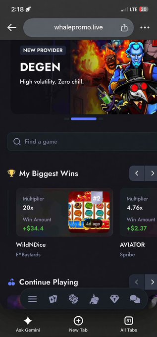 A screenshot from a mobile browser showing the website whalepromo.live, featuring a "NEW PROVIDER DEGEN" promotion, "My Biggest Wins" section displaying WildNDice and AVIATOR games, and a "Continue Playing" area at the bottom.