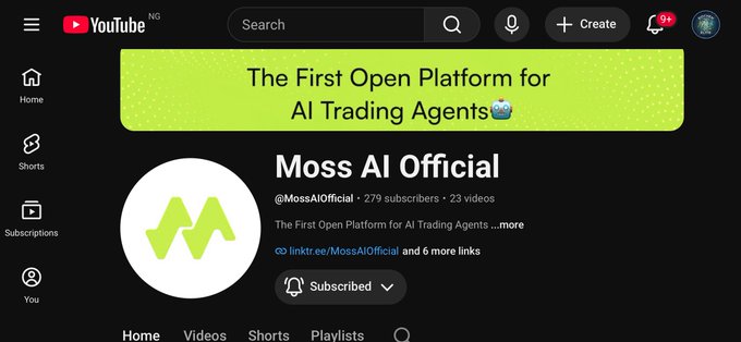A YouTube channel page for 'Moss AI Official' (@MossAIOfficial) with 279 subscribers and 23 videos, featuring a green banner reading 'The First Open Platform for AI Trading Agents'.