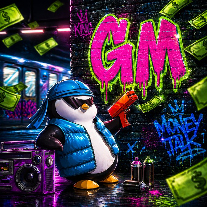 A colorful graffiti-style illustration features a penguin wearing sunglasses and a blue vest holding a red gun, standing next to a boombox with 'GM' spray-painted in pink and green on a wall behind it.