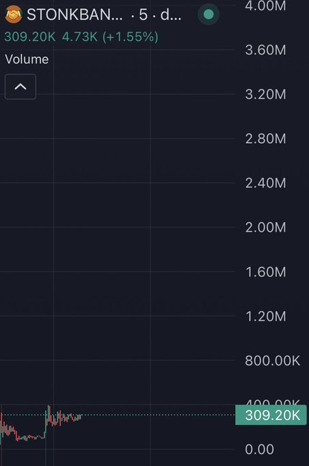A Robinhood trading chart displays the token "STONKBANK" (ticker 5-d...) with current volume of 309.20K, showing a +1.55% increase of 4.73K, while the volume axis extends up to 4.00M—far below the poster's projected first target of 5M and second target of 20M for $stonkbankers.