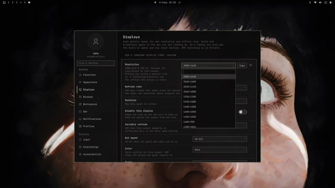 A GNOME desktop settings window showing the Displays configuration panel open on Friday 20:38, with various resolution options visible including 2880x1620, 2560x1600, and 2048x1280.