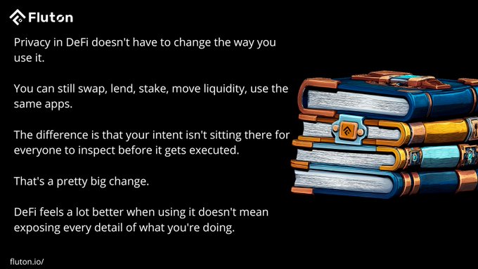 An advertisement for Fluton explaining privacy in DeFi, stating that 'Privacy in DeFi doesn't have to change the way you use it,' accompanied by an image of stacked colorful leather-bound books.