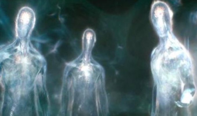 Three translucent, ethereal humanoid figures standing against a dark background, resembling ghostly or digital entities.