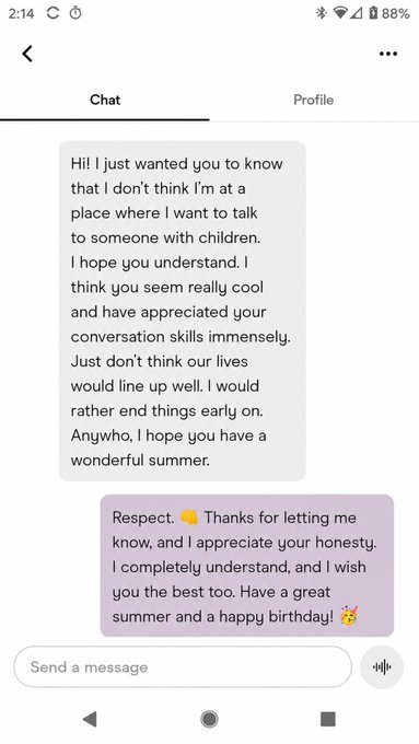 A chat conversation where one person politely declines to talk further due to having children, and the other responds with respect and well wishes for a great summer.
