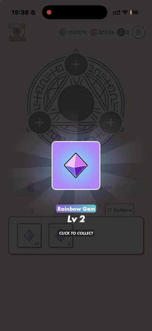 A mobile game screenshot showing a glowing purple 'Rainbow Gem' labeled 'Lv 2' with a 'CLICK TO COLLECT' prompt overlaid on a dark, mystical game interface.