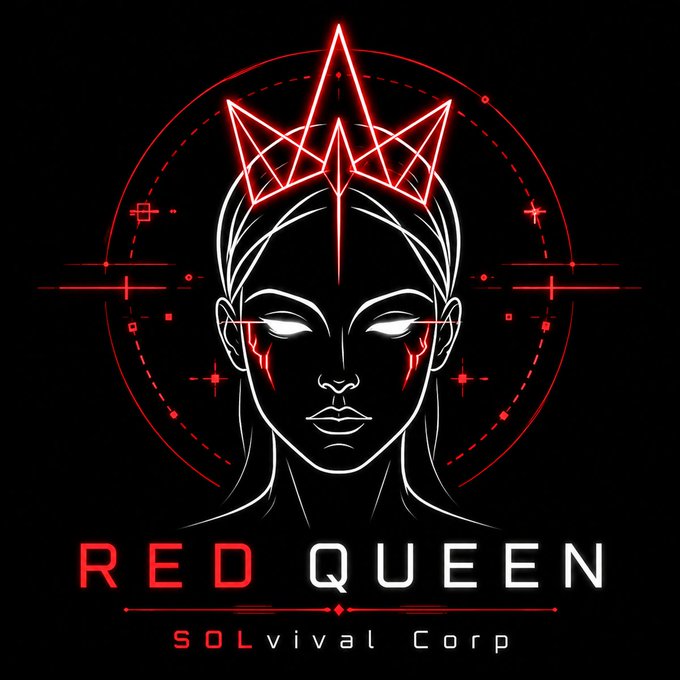 A stylized neon-style logo featuring a white female face with a red crown on a black background, accompanied by the text 'RED QUEEN SOLvival Corp'.