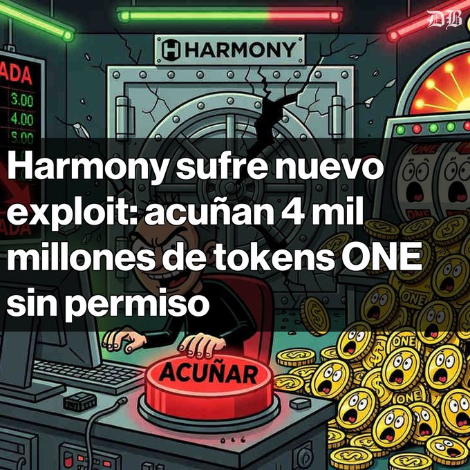 A cartoon-style graphic showing a hacker at a computer labeled 'ACUÑAR' next to a vault labeled 'HARMONY', with Spanish text reading 'Harmony sufre nuevo exploit: acuñan 4 mil millones de tokens ONE sin permiso' amid piles of 'ONE' tokens.