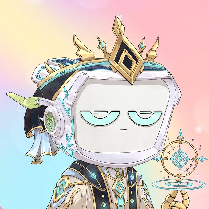 An illustration of a chibi-style robot character wearing an ornate golden crown, priestly robes, and headphones, holding a glowing compass-like artifact against a soft pastel background.