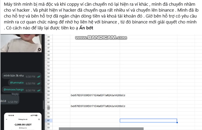 A Vietnamese Facebook user shares a screenshot showing clipboard hijacking malware—displaying a wallet address "0xbf676D5F83960B171EAfa60F7aB2A3a1A285bCci" with $2,999.99 USDT copied—after unknowingly sending his crypto to a hacker whose Binance account was then frozen for the recovery process.