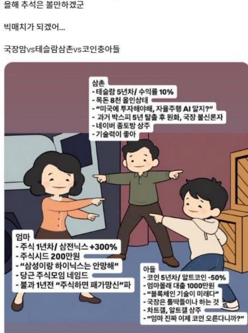 A Korean illustration depicting a family argument, showing parents and a child pointing fingers with text boxes detailing complaints about each other's habits.