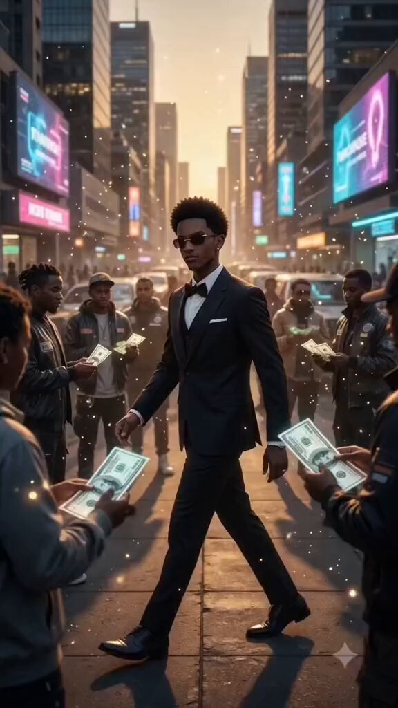 The image shows a man dressed in a suit holding money while walking down a city street at sunset, with other people around him. The scene takes place in front of tall buildings, suggesting an urban setting. There are also neon signs visible in the background, indicating that this is likely a busy area or commercial district within the city.