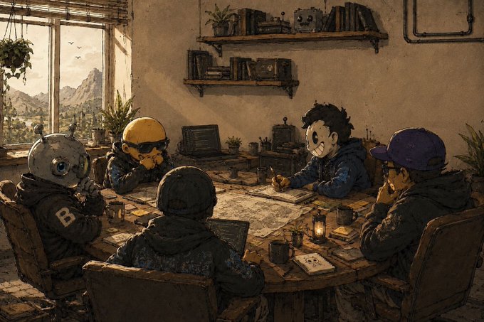 A stylized illustration of four masked figures wearing tactical gear and hoodies gathered around a wooden table covered with maps, planning what appears to be a heist.