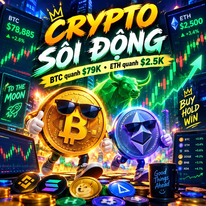 A colorful promotional graphic featuring cartoon Bitcoin and Ethereum coins wearing sunglasses, with text reading 'CRYPTO SỐI ĐỘNG', 'BTC quanh $79K • ETH quanh $2.5K', 'BTC $78,885', and 'ETH $2,500'.
