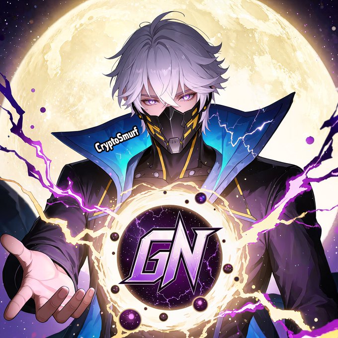 An anime-style illustration of a white-haired masked character conjuring a glowing purple orb containing the letters "GN", with "CryptoGmurff" text on the character's collar.