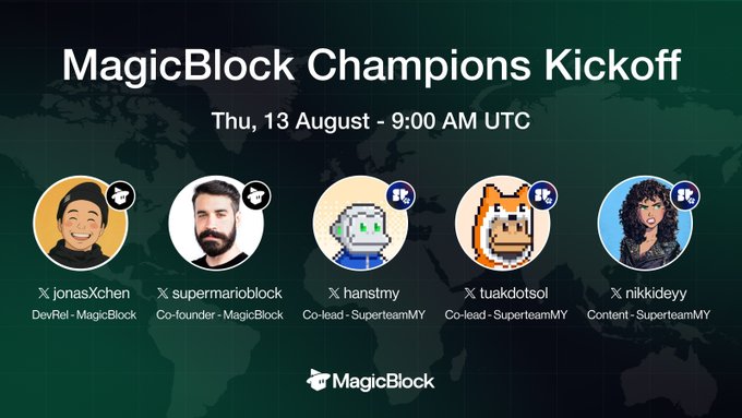 A promotional graphic for 'MagicBlock Champions Kickoff' on Thursday, 13 August at 9:00 AM UTC, featuring team members jonasXchen (DevRel), supermarioblock (Co-founder), hanstmry and tuakdotsol (Co-leads of SuperteamMY), and nikkideyy (Content).