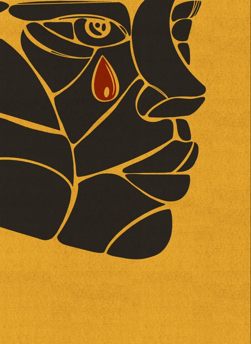 A stylized graphic art piece featuring bold black abstract shapes with a single red teardrop element, set against a textured mustard-yellow background.
