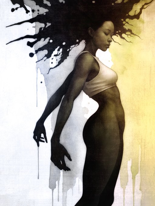 Titled "Now I Can Breathe" and part of the "This Lives Within Me" collection, this artwork depicts a woman in profile with dark, ink-like hair splashing around her head against a textured background of white and yellow.