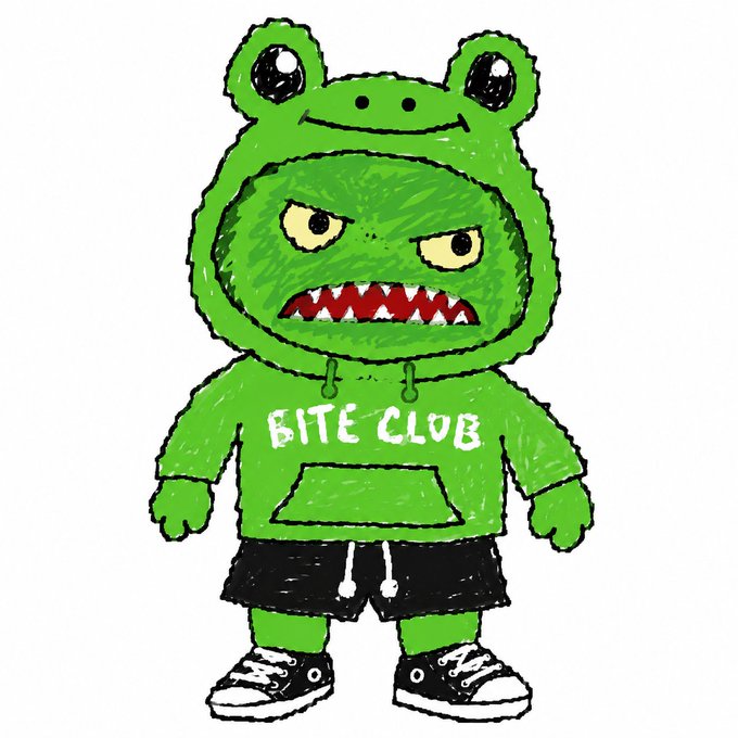A cartoon illustration of an angry green character wearing a frog hoodie labeled 'BITE CLUB', black shorts, and sneakers.