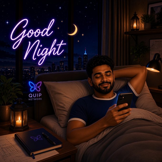 A man relaxes in bed at night looking at his phone under neon 'Good Night' text with a crescent moon, featuring a 'QUIP NETWORK' logo and a city skyline view through the window.