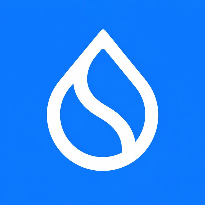 A white stylized water droplet logo on a bright blue background, representing the Sui blockchain/cryptocurrency brand. The droplet imagery directly ties into the "Sui" name (meaning "water" in Japanese) and reinforces the "Sui maxi mode: ON" post, signaling enthusiastic support for the Sui ecosystem.