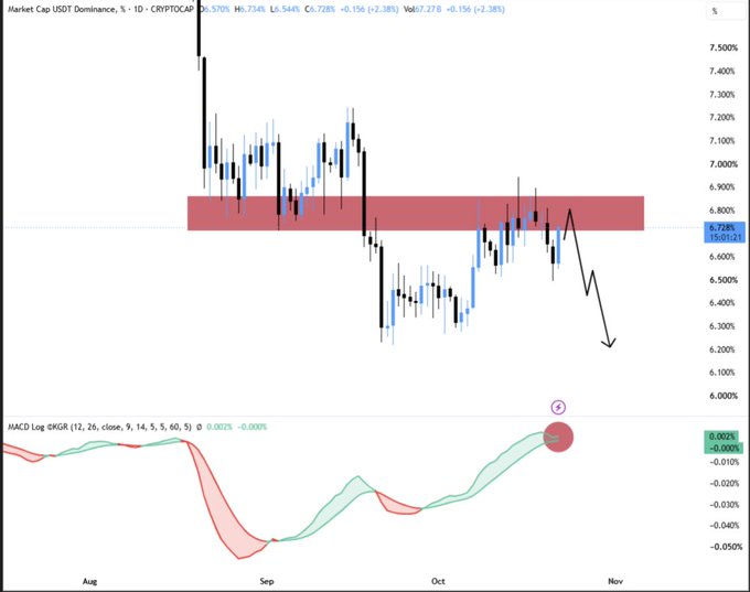 CRPTOCAP trading chart for CRYPTCAP, showing candlesticks, a red support zone, a MACD panel, and a price around 6.728K.