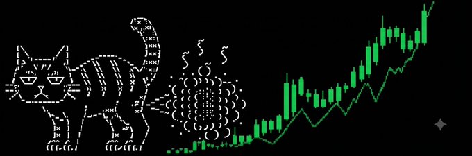 A digital ASCII illustration of an arching cat on a black backdrop, positioned beside a green candlestick stock/crypto chart trending higher.