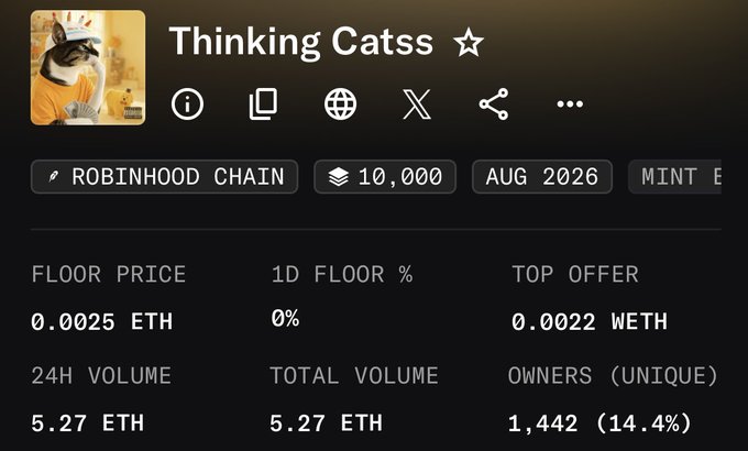 A digital collectibles dashboard shows stats for a project called 'Thinking Cats' on the Robinhood Chain, displaying a floor price of 0.0025 ETH, a top offer of 0.0022 WETH, and 1,442 unique owners.