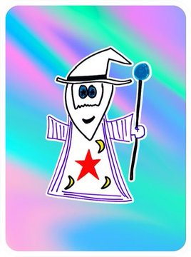 A cartoon wizard character with a white pointed hat, beard, and purple robe with a red star, holding a blue staff against a colorful gradient background.
