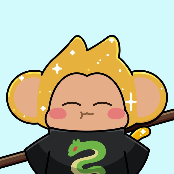A cute chibi-style cartoon illustration of a monkey character wearing a golden star-shaped headpiece and a black hoodie with a green snake emblem.