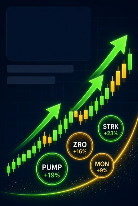 A cryptocurrency chart shows green and orange upward arrows with candlestick graphs and tokens labeled PUMP +19%, ZRO +16%, STRK +23%, and MON +9%.