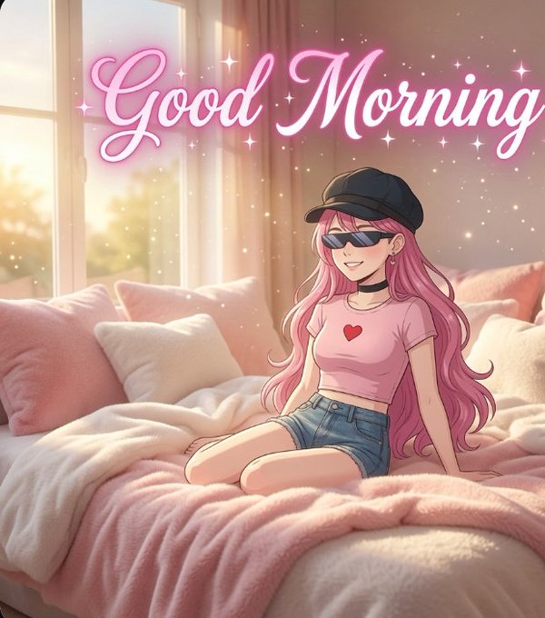 The image features a girl sitting on a bed with pink sheets, wearing sunglasses and a hat. The background shows a window that allows sunlight to shine through, creating a warm and inviting atmosphere. The text "Good morning" is written above her head in pink letters, and there are also some words related to the post about good mornings.