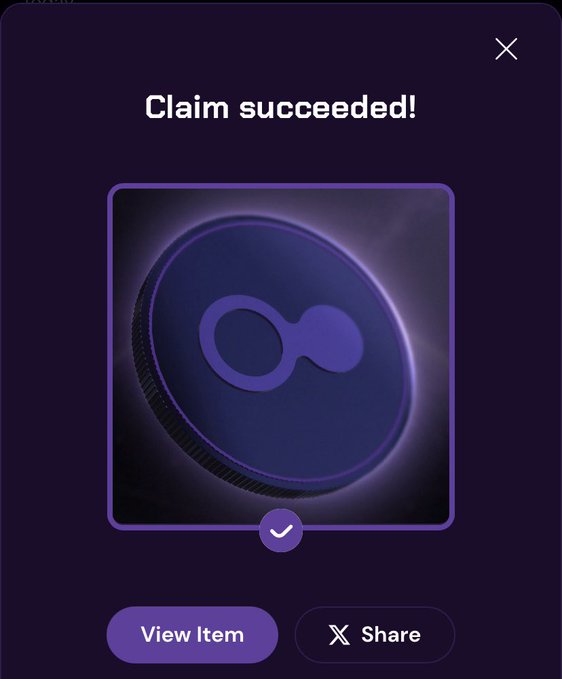 A dark purple mobile interface modal displaying 'Claim succeeded!' above a circular icon with an infinity symbol, with buttons to 'View Item' and 'Share' on X.