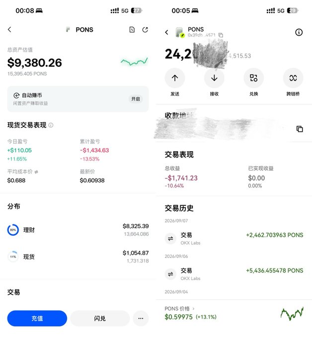 Two mobile app screenshots showing a cryptocurrency portfolio interface with PONS token, displaying a total asset value of $9,380.26 and transaction history details.