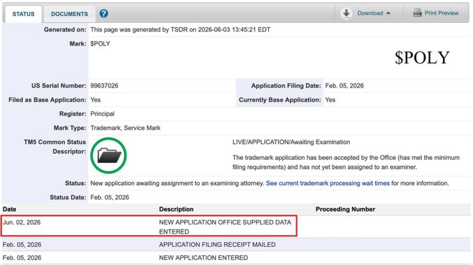 The image shows details about a recent update to a trademark application for a company called "POLY". The application was filed by the U.S. Patent & Trademark Office, and as of 11/16/2016, it has been approved with an examination receipt dated 10/14/2016. This new data received is being used to create tokened office supply documents that will be sent via email to all interested parties on or before November 16th 2016. A screenshot of the application page can also be seen in the image.