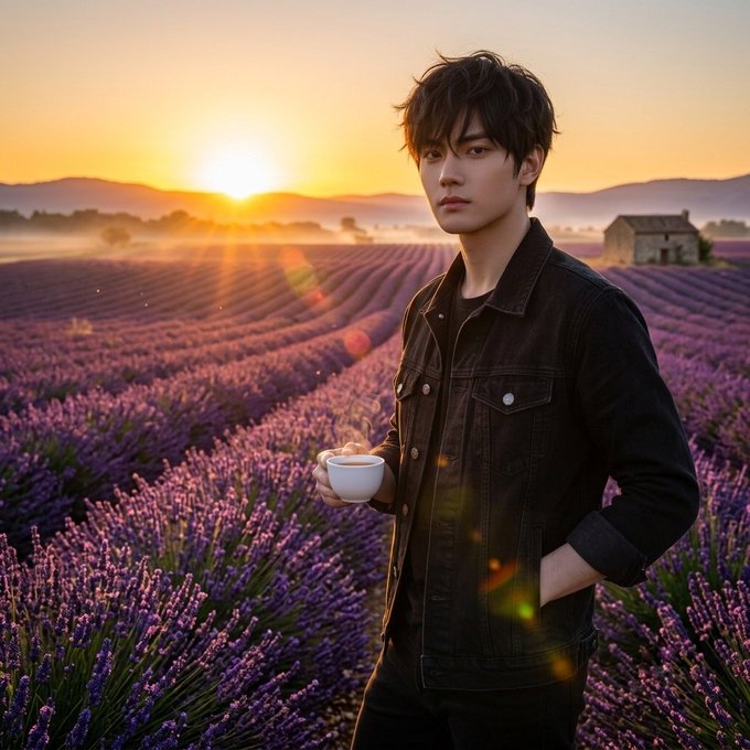 A young man stands in a vast lavender field at golden hour, holding a steaming cup, embodying the calm, early-stage serenity the post describes about Riverdot Inc.'s emerging ecosystem. The serene landscape mirrors the post's message that patient time and consistent participation—not flashy dollar valuations—are the true value being cultivated.