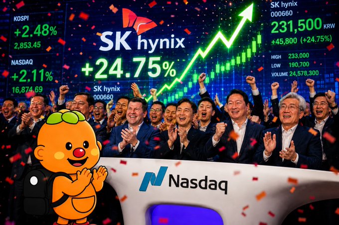 A promotional image celebrating SK Hynix stock surging 24.75% to 231,500 KRW, showing executives celebrating in front of a stock chart with KOSPI and NASDAQ figures, alongside a cartoon bee mascot and the Nasdaq logo.