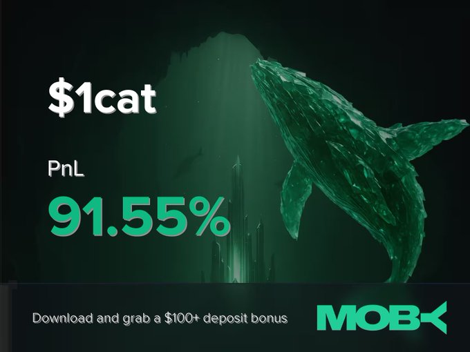 A promotional graphic from Moby features a glowing teal whale shape and highlights "$1cat" with a PnL of "91.55%", promoting a "$100+ deposit bonus" download offer to celebrate a trader's successful +91.55% PnL close on the $1cat token.