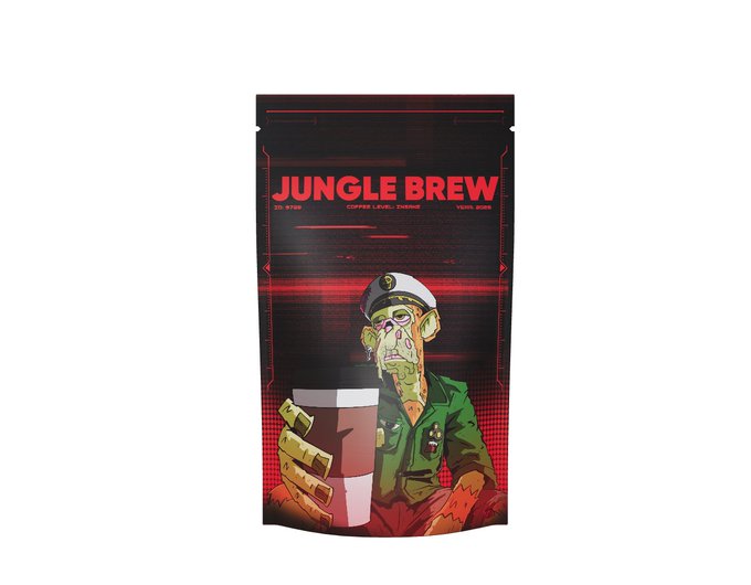 A product package labeled 'JUNGLE BREW' featuring cartoon artwork of a zombie-like military officer holding a coffee cup, set against a dark red background.