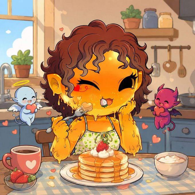 A kawaii-style cartoon illustration of a cute melting honey/syrup-covered character with curly hair enjoying pancakes with strawberries, flanked by a tiny angel and devil.
