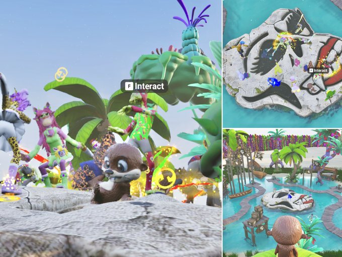 A vibrant video game scene shows colorful, animated characters in a tropical environment with 'Interact' prompts visible.