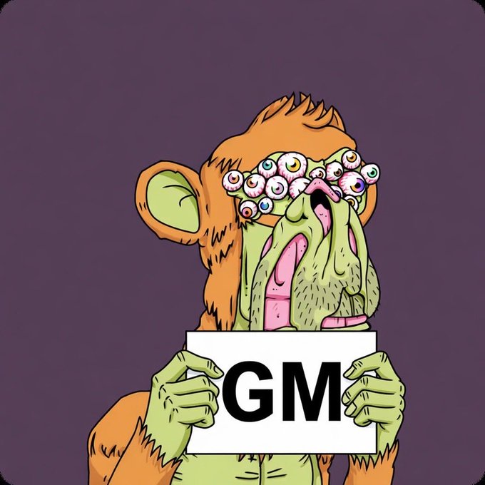 A cartoon illustration of a green, multi-eyed monstrous creature with orange hair holding up a white sign that reads 'GM' against a dark purple background.