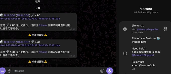 A Telegram chat interface showing 'BUILDDOG' tokens on the ARC network alongside the 'Maestro' bot profile with 40,548 monthly users, advertising @MaestroSniperBot and support contacts.