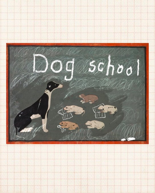 Image 2 is an illustration of a black chalkboard with 'Dog school' written in chalk at the top, showing a sitting black and white dog watching over four small sleeping puppies, with a bone on the floor.