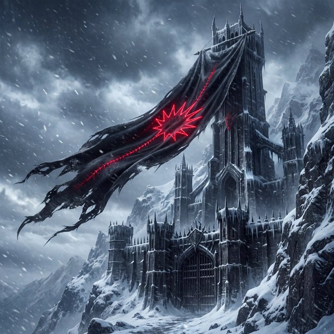 A dark gothic castle on a snowy mountain peak flies a tattered black banner emblazoned with a glowing red emblem while snow falls heavily around it.