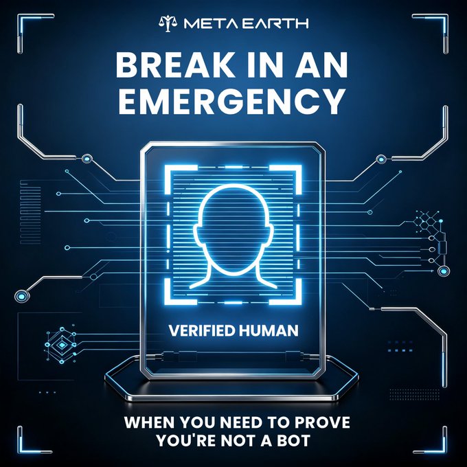 A futuristic blue digital graphic features the "Meta Earth" logo above the headline "BREAK IN AN EMERGENCY" and shows a stylized human profile within a biometric scanning frame labeled "VERIFIED HUMAN," with the tagline "WHEN YOU NEED TO PROVE YOU'RE NOT A BOT." The image visually reinforces the post's message about authentic human identity in a bot-filled digital world, tying into Meta Earth's Web3 ecosystem focused on verifying real users.