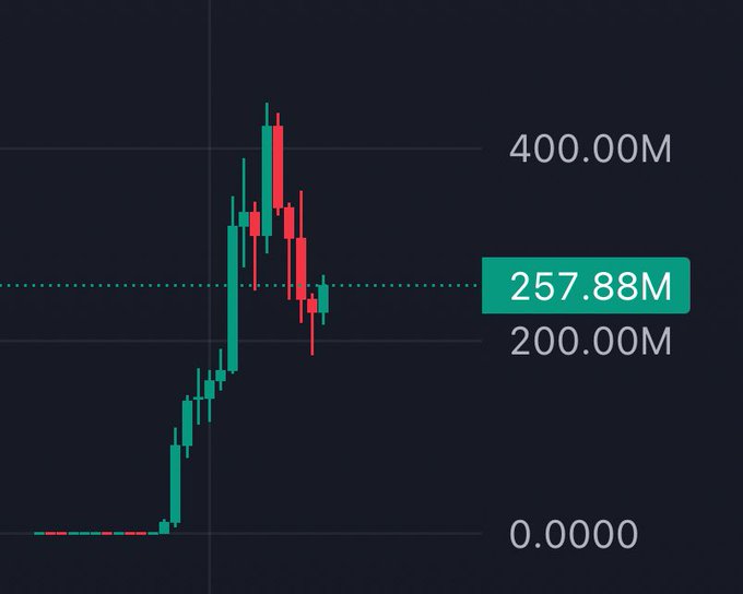 A candlestick chart shows a token's price surging from near $0 to a peak around $400M before correcting down to a current value of $257.88M, illustrating the volatile price action highlighted in the post about buying a "small bag" of $ANSEM as a low-cost crypto bet.