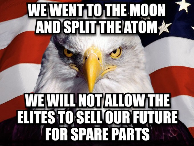 The image features an eagle with a red, white, and blue flag behind its head. The eagle has a caption that reads "We went to the moon and split the atom" above it. Below this, there are three lines of text discussing the importance of the point system for the solana cryptocurrency and how it can be used as a form of payment or exchange for future payments.